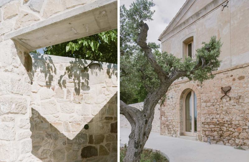 Imágenes del exterior de la casa con vistas al jardín y de la ducha de exterior entre muros de piedra