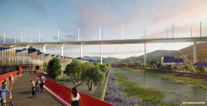 Render del proyecto del Parque del Puente en Génova