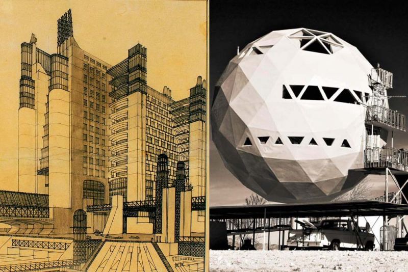 Antonio Sant’Elia, Housing with external lifts and connection systems to different street levels from La Città Nuova, 1914..Geodesic Dome house between Kingman and Needles on Alamo Road, Arizona, designed after the molecular carbon atom by Richard Buckminster Fuller. 