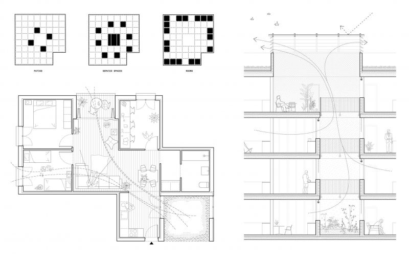 Planta tipo de vivienda, sección y esquema conceptual