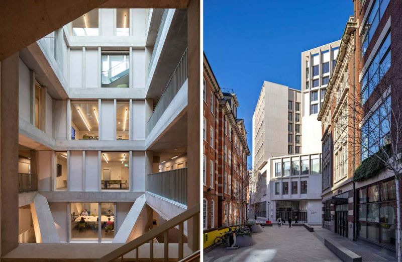 Imagenes de detalle del interior y el exterior del nuevo edificio de la London Economics School obra de Grafton architects