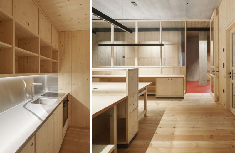 Imágenes del interior de la Haus der Berge: despachos y pequeña cocina
