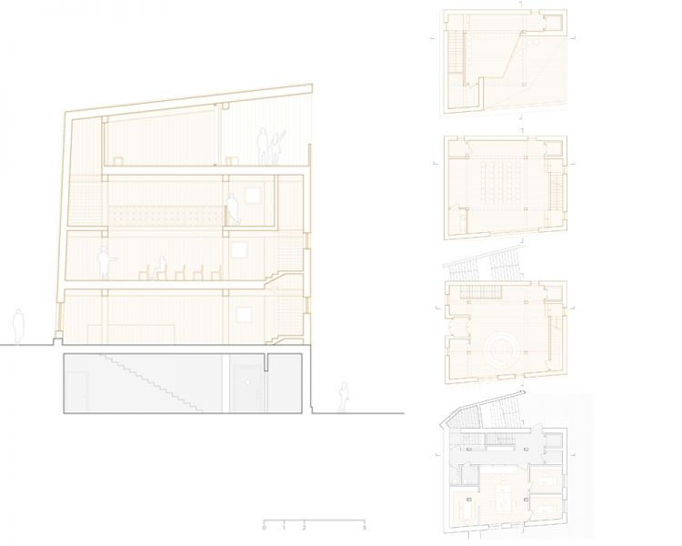 Sección y plantas de la Haus der Berge obra de Delueg Architekten