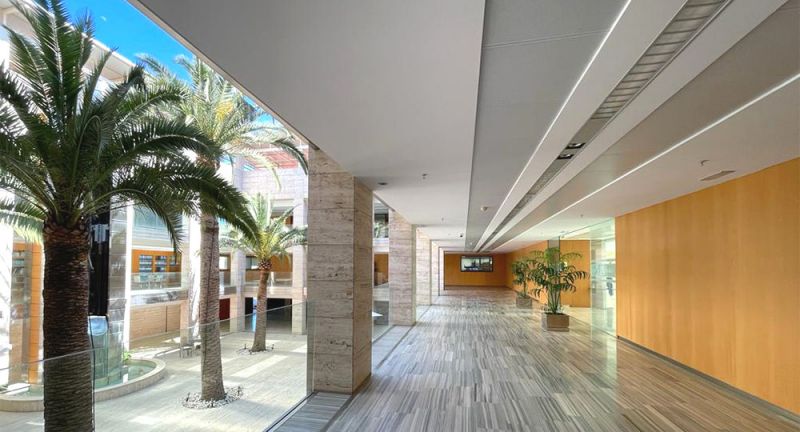 Claustro de edificio de oficinas rodeando patio interior con palmeras