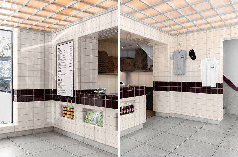 Arquitectura y Empresa, arquitectura, Canadá, Toronto, MRDK, restaurante, pizzeria, interiorismo, diseño interior, espacio comercial, diseño de interiores, proyectos de hostelería, azulejos, DTILE, diseño retro, Guillaume Menard, David Dworkind, retroiluminado, falso techo, decoración, madera, bar, inspiración italiana, italoamericano, dinner