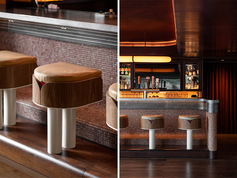 Arquitectura y Empresa, arquitectura, Canadá, Toronto, MRDK, restaurante, pizzeria, interiorismo, diseño interior, espacio comercial, diseño de interiores, proyectos de hostelería, azulejos, DTILE, diseño retro, Guillaume Menard, David Dworkind, retroiluminado, falso techo, decoración, madera, bar, inspiración italiana, italoamericano, dinner