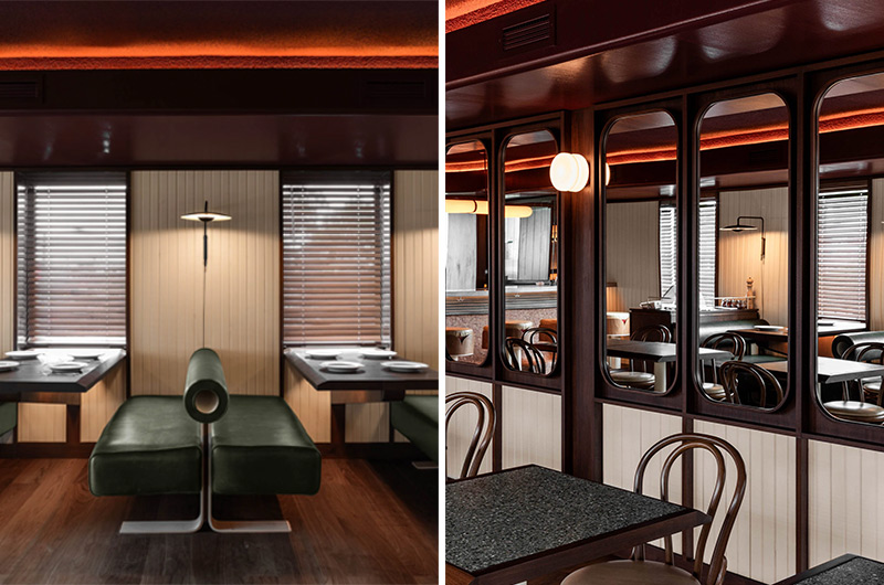 Arquitectura y Empresa, arquitectura, Canadá, Toronto, MRDK, restaurante, pizzeria, interiorismo, diseño interior, espacio comercial, diseño de interiores, proyectos de hostelería, azulejos, DTILE, diseño retro, Guillaume Menard, David Dworkind, retroiluminado, falso techo, decoración, madera, bar, inspiración italiana, italoamericano, dinner