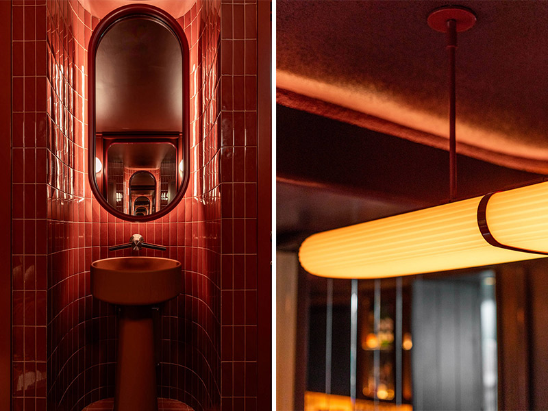 Arquitectura y Empresa, arquitectura, Canadá, Toronto, MRDK, restaurante, pizzeria, interiorismo, diseño interior, espacio comercial, diseño de interiores, proyectos de hostelería, azulejos, DTILE, diseño retro, Guillaume Menard, David Dworkind, retroiluminado, falso techo, decoración, madera, bar, inspiración italiana, italoamericano, dinner