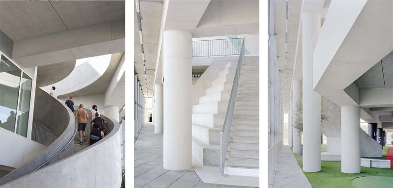 Materialidad sincera: hormigón visto, vidrio y acero 