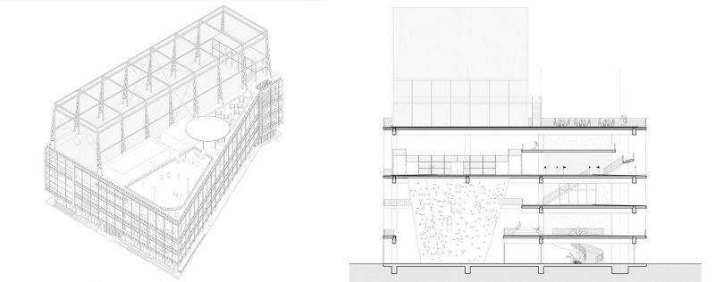Axonometría y sección del proyecto: Apilamiento programático