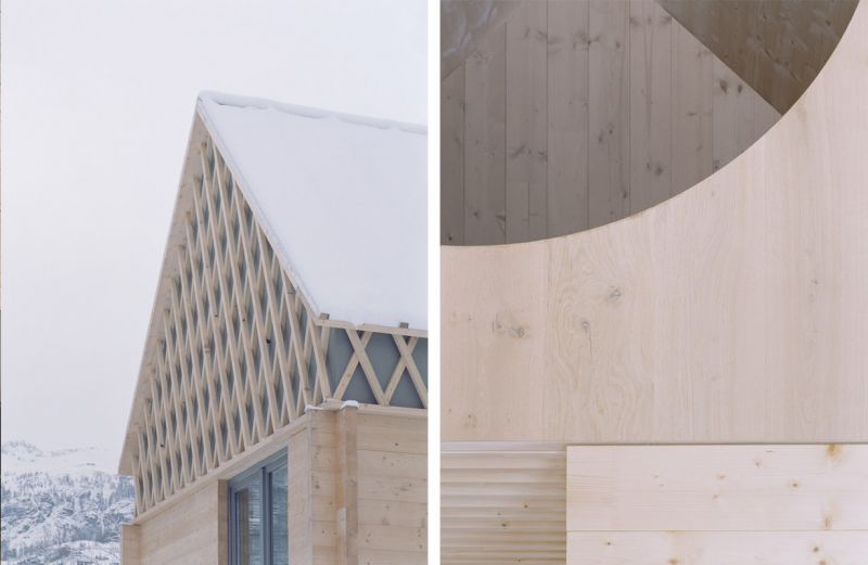 Imagen de detalle de la cubierta inclinada con la nieve y detalle del interior de madera con paneles XLam