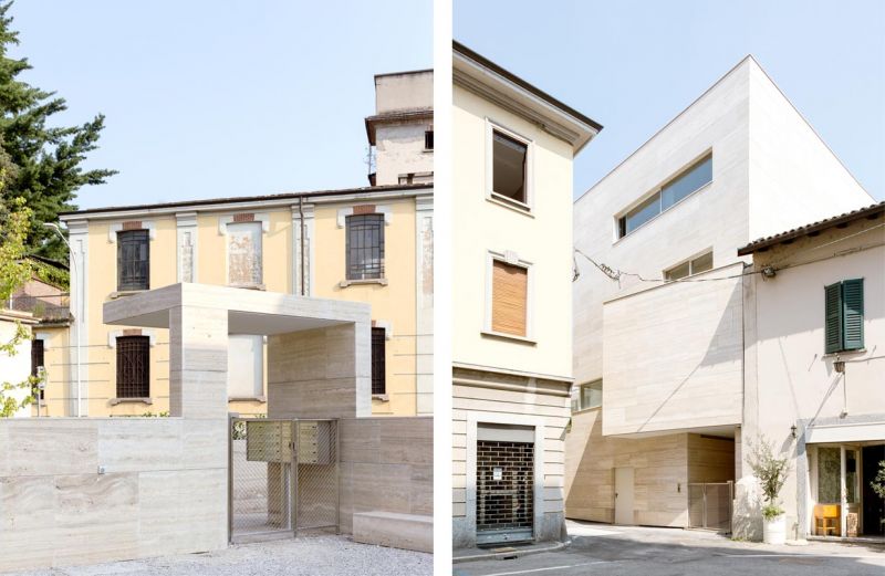 Imágenes de las dos entradas del edificio, entrada desde Via Roma y desde Via Postporta