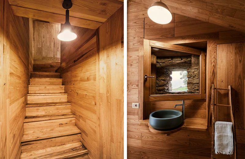 Vistas de la escalera de madera y el baño
