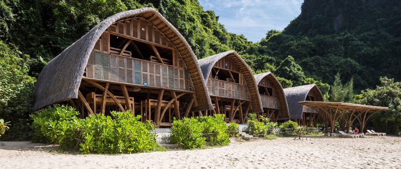 arquitectura, arquitecto, diseño, design, Hiroyuki Oki, Vo Trong Nghia Architects, Castaway Island Resort , Vietnam, Bahía de Lan Ha, playa, hotel, complejo hotelero, vacaciones, resort, bambú, sostenible, sostenibilidad, ecología, ecológico