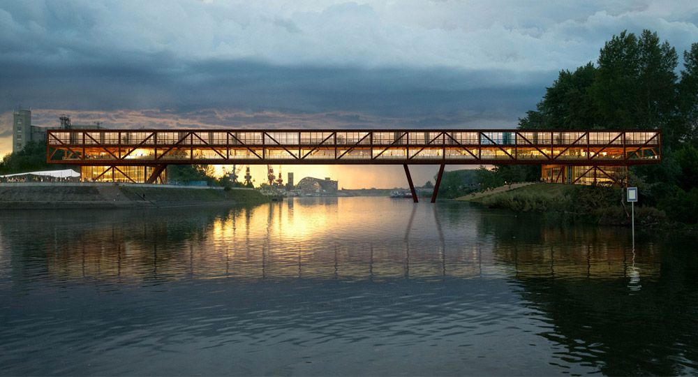Puente, hotel y oficinas sobre el Danubio. Proyecto Elbow Shadow de ARCVS arquitectos