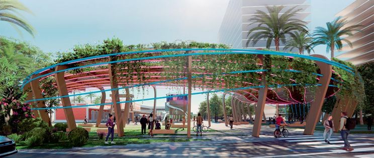 Vista de la pérgola elíptica y bioclimática que rodea la intervención en la plaza La Elíptica, propuesta ganadora para la nueva plaza central de la estación de Murcia “El Carmen”